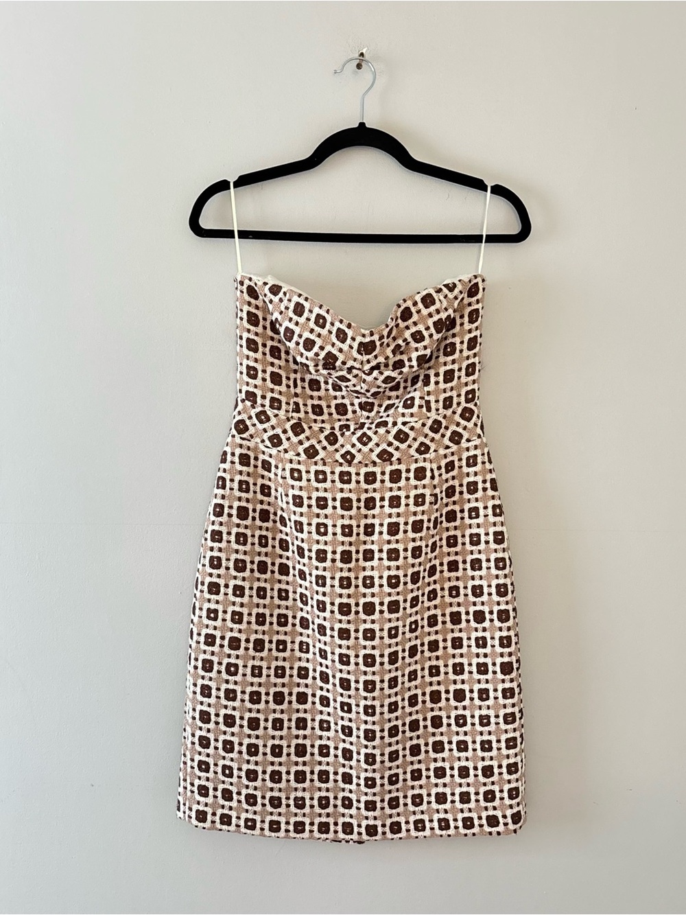 Trina Turk NWT Strapless Tweed Mini Dress Crochet Square Print Coffee Tan